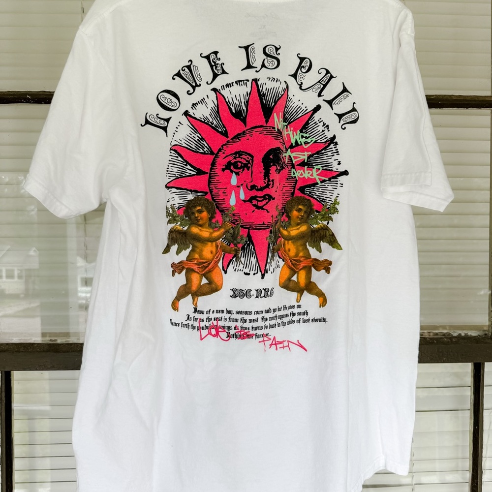 Cr Los Angeles “Love is Pain” White Graphic Tee Cherub and Sun Size XL Skater